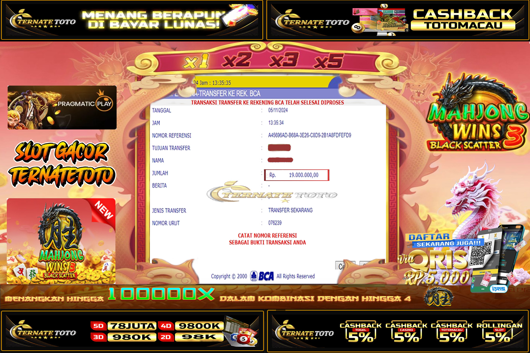 TERNATETOTO - JACKPOT SLOT MAHJONG WINS 3 Rp. 19,000,000,-